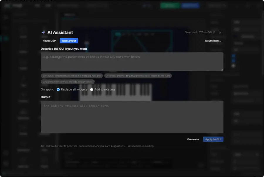 nagi's AI assistant panel, generating a GUI layout from a text description
