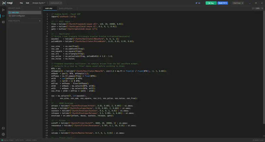 Faust DSP source for a simple synth open in nagi's code editor