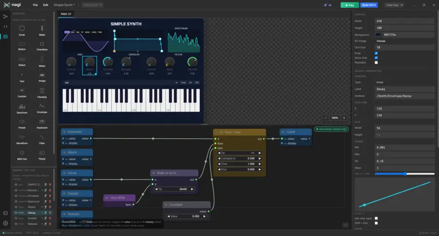nagi's interface designer showing a synth panel with knobs, spectrum display and keyboard