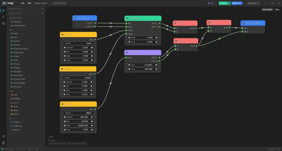 nagi's node editor with an audio input feeding a distortion node into the audio output